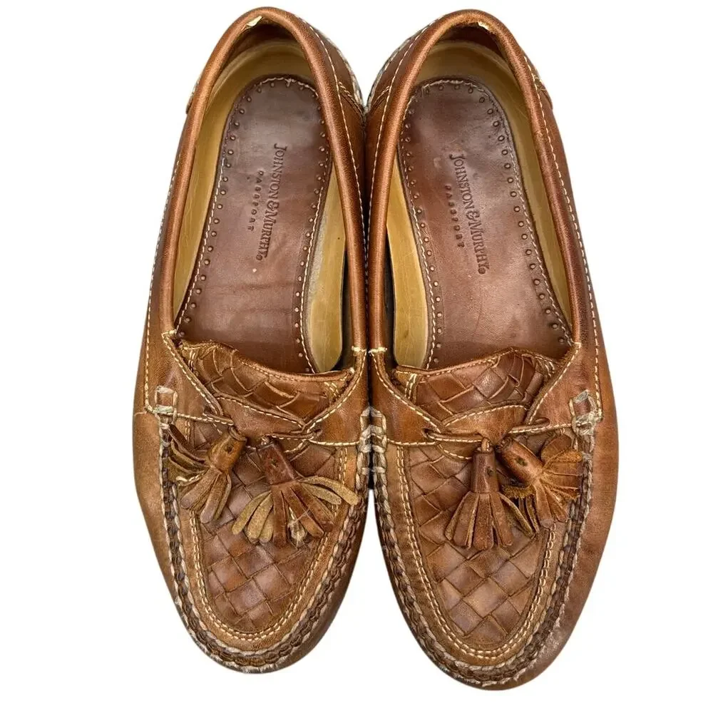 Johnston & Murphy Brown Woven Leather Tassel Slip On Casual Loafer Men 9.5